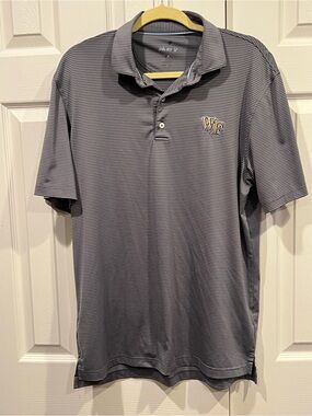 Johnnie-O Men’s Gray and blue Striped Polo with Wake Forest Logo
